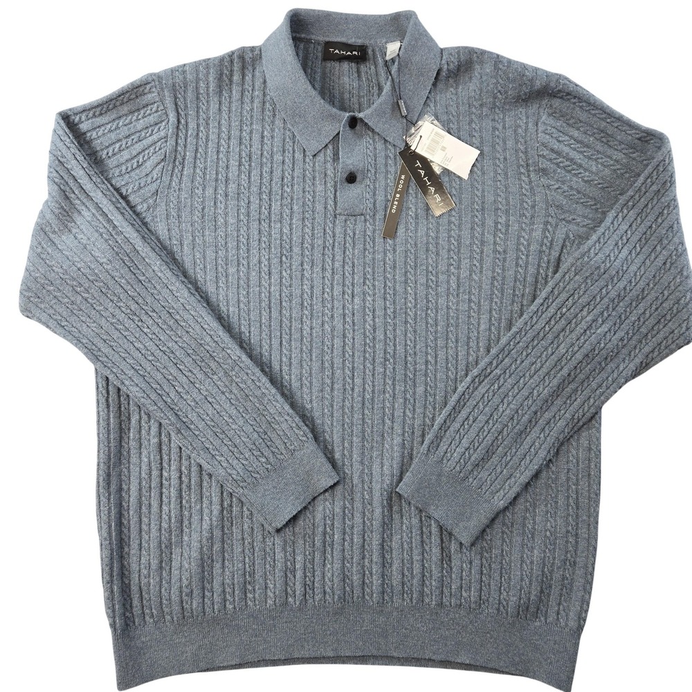 Tahari Sweater Mens M Gray Collared Pullover Cable-Knit Wool Blend Stone‎ Wash